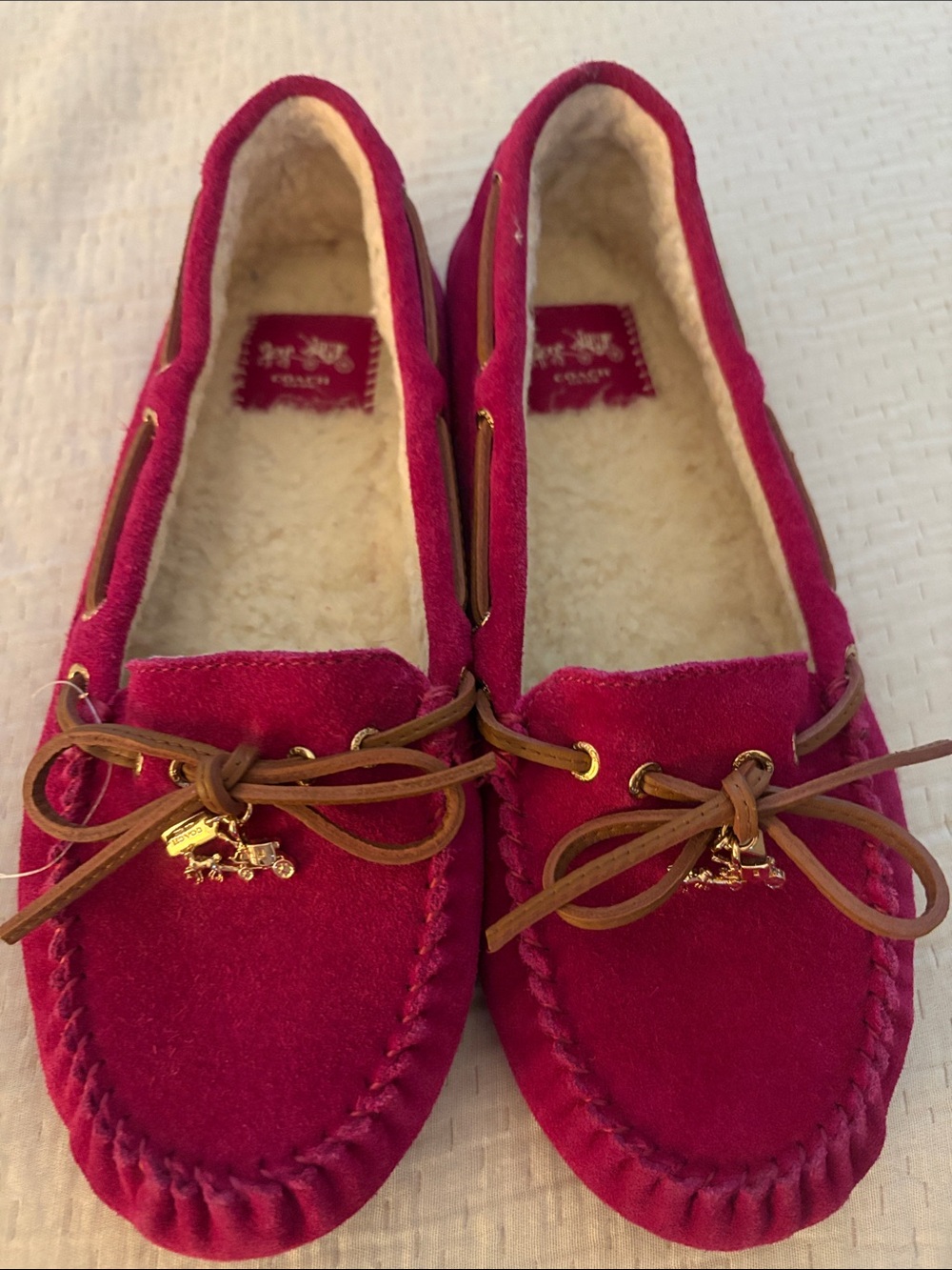 Coach Fuchsia Suede Shearling-Lined Moccasins with Leather Bow